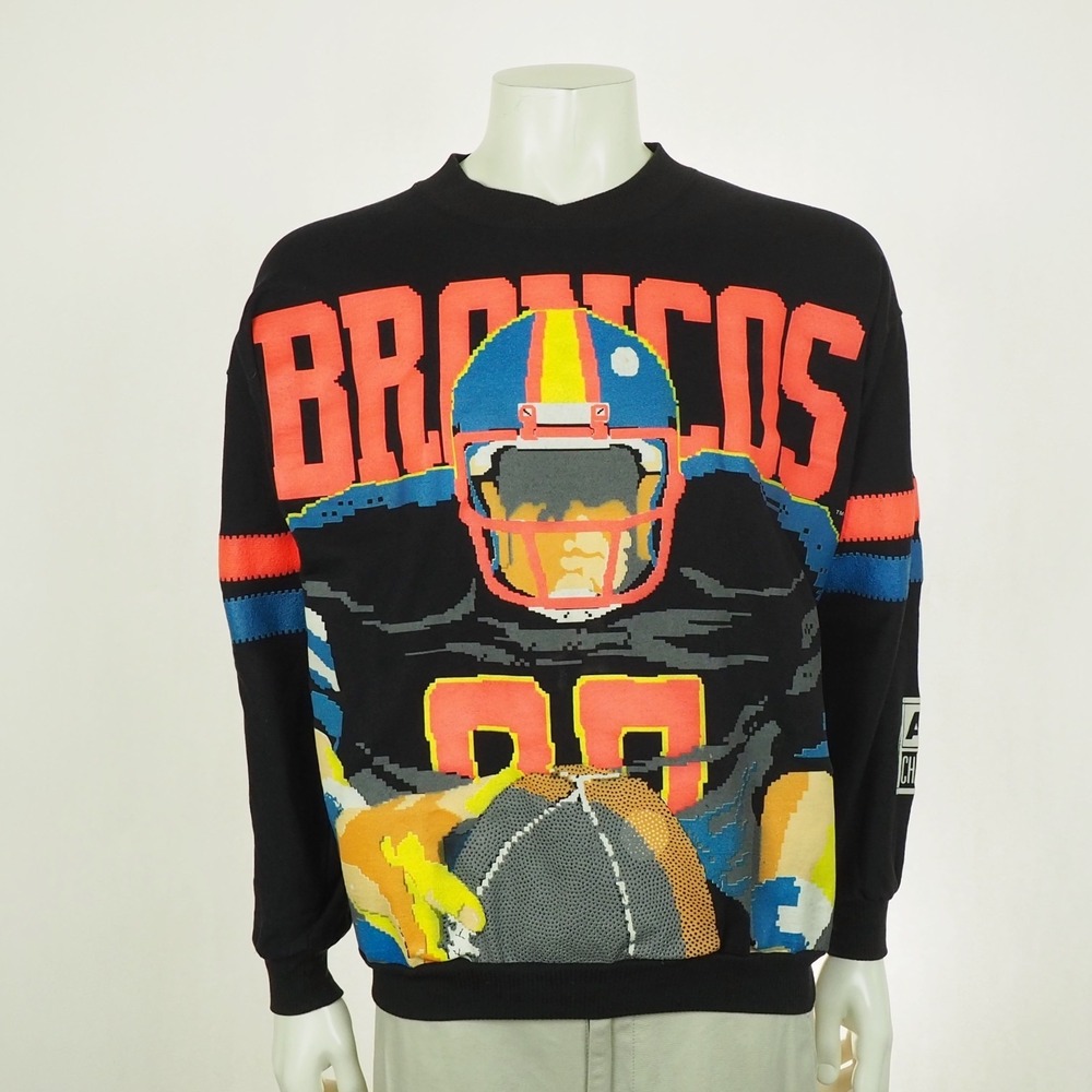 Tecmo Bowl Vtg 1989 Denver Broncos Sweatshirt Mens Large Black AOP Caribe Rare